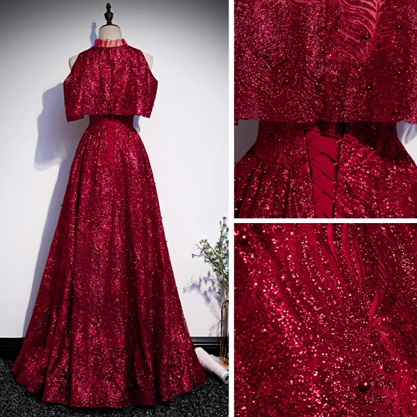 Chic / Beautiful Burgundy Evening Dresses  2020 A-Line / Princess High Neck Sleeveless Beading Glitter Polyester Floor-Length / Long Ruffle Formal Dresses