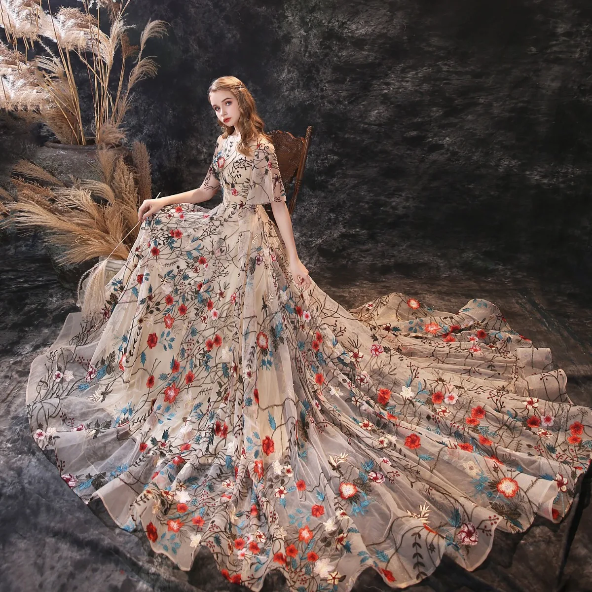 navy blue dress for baby girl Flower Fairy Champagne Evening Dresses 2020 A-Line Princess Scoop Neck Bell Sleeves