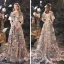 Flower Fairy Champagne Evening Dresses  2020 A-Line / Princess Scoop Neck Bell sleeves Flower Embroidered Sweep Train Ruffle Backless Formal Dresses