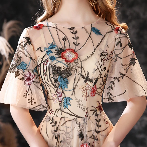 Flower Fairy Champagne Evening Dresses  2020 A-Line / Princess Scoop Neck Bell sleeves Flower Embroidered Sweep Train Ruffle Backless Formal Dresses