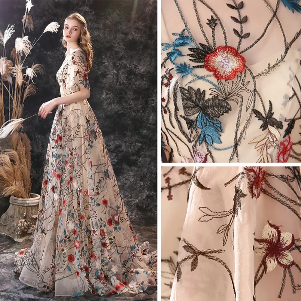 Flower Fairy Champagne Evening Dresses  2020 A-Line / Princess Scoop Neck Bell sleeves Flower Embroidered Sweep Train Ruffle Backless Formal Dresses