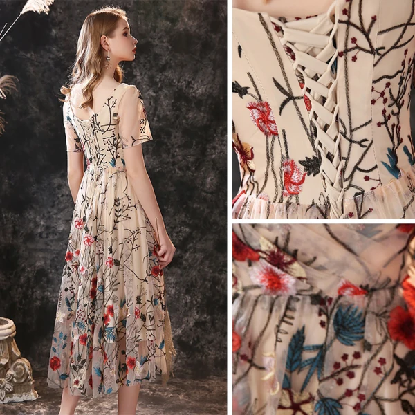 Flower Fairy Champagne Homecoming Graduation Dresses 2020 A-Line / Princess V-Neck Short Sleeve Flower Embroidered Tea-length Ruffle Backless Formal Dresses