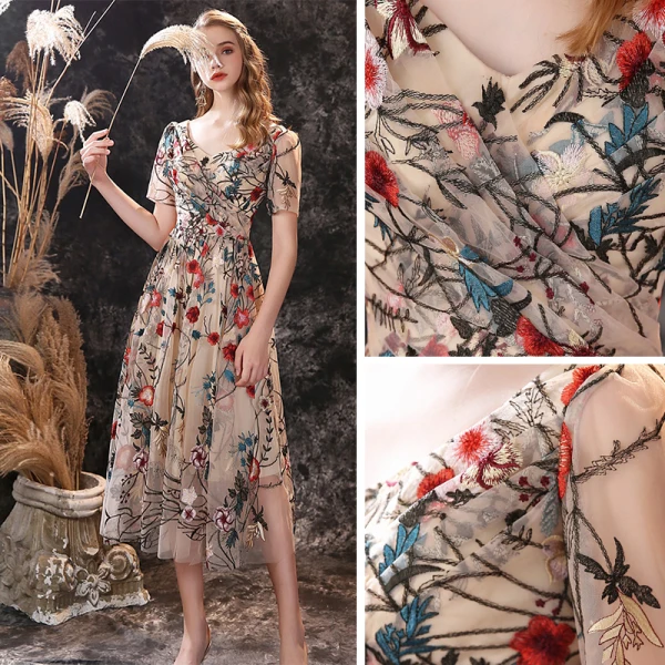 Flower Fairy Champagne Homecoming Graduation Dresses 2020 A-Line / Princess V-Neck Short Sleeve Flower Embroidered Tea-length Ruffle Backless Formal Dresses