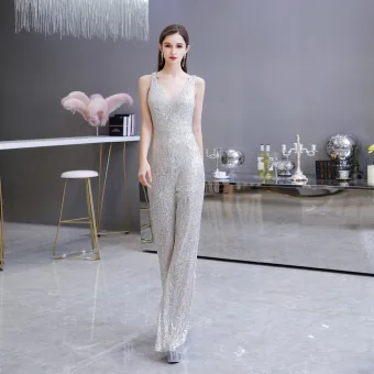 Scintillantes Argenté Paillettes Combinaison 2020 V Cou Sans Manches Longue Dos Nu Robe De Ceremonie