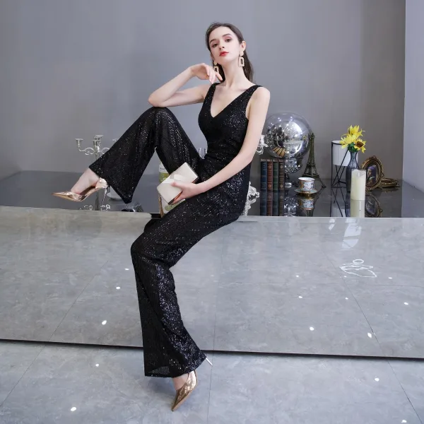 Sparkly Sølv Paljetter Jumpsuit  2020 V-Hals Uten Ermer Lange Ryggløse Formelle Kjoler