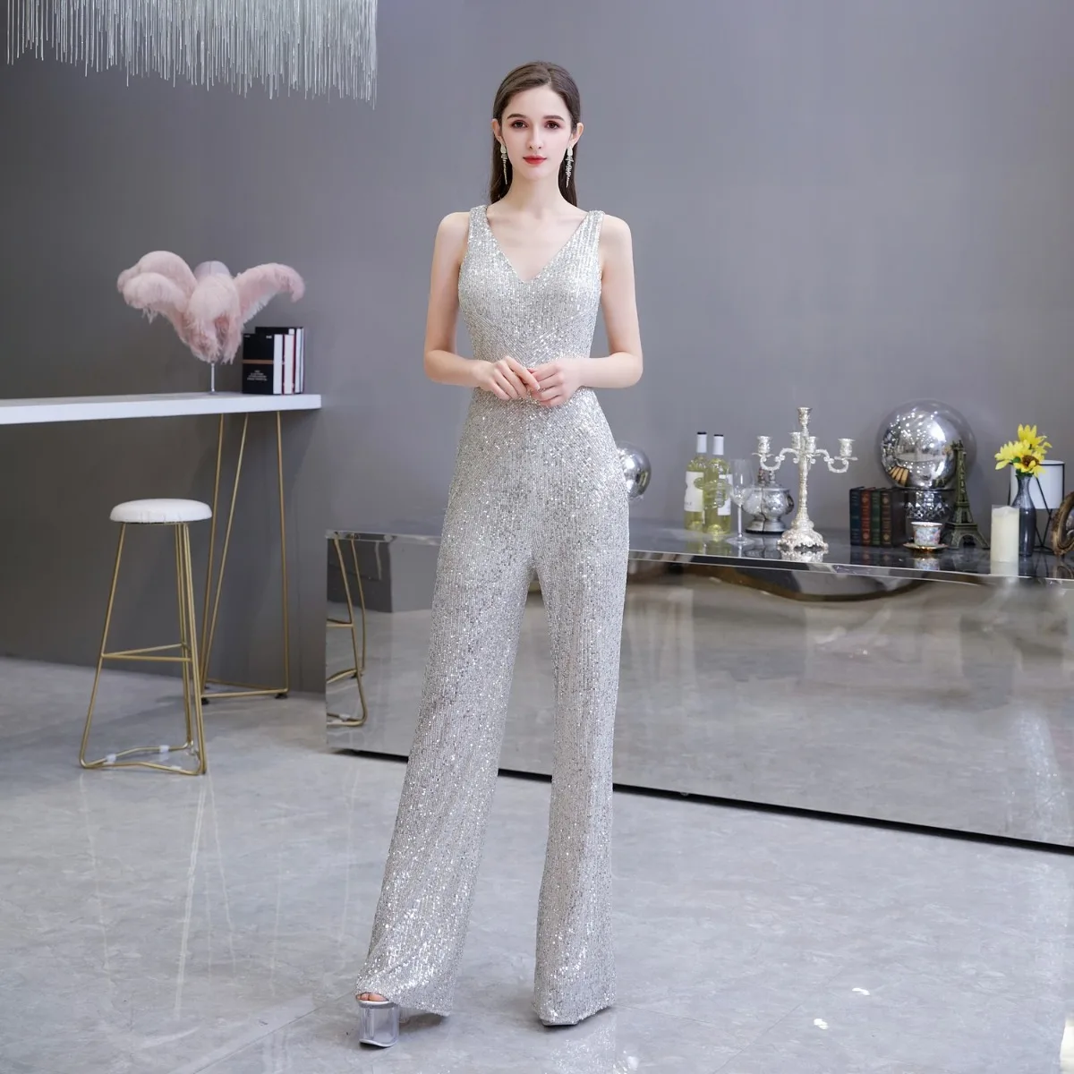 Jumpsuit met pailletten voor dames, mouwloos ontwerp met V-hals en wijde pijpen voor clubfeest en speciale gelegenheden (L zwart