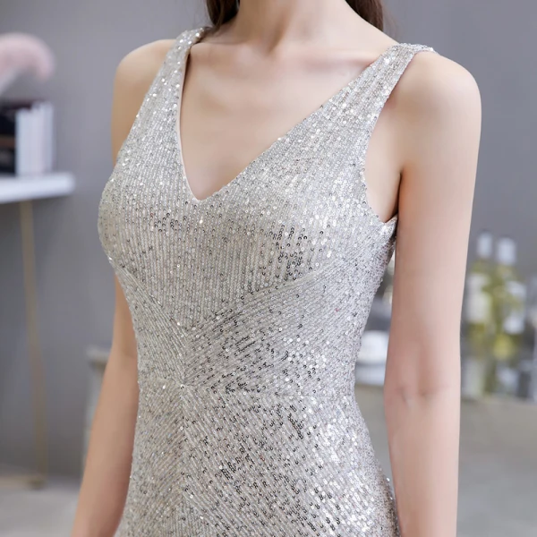 Sparkly Sølv Paljetter Jumpsuit  2020 V-Hals Uten Ermer Lange Ryggløse Formelle Kjoler
