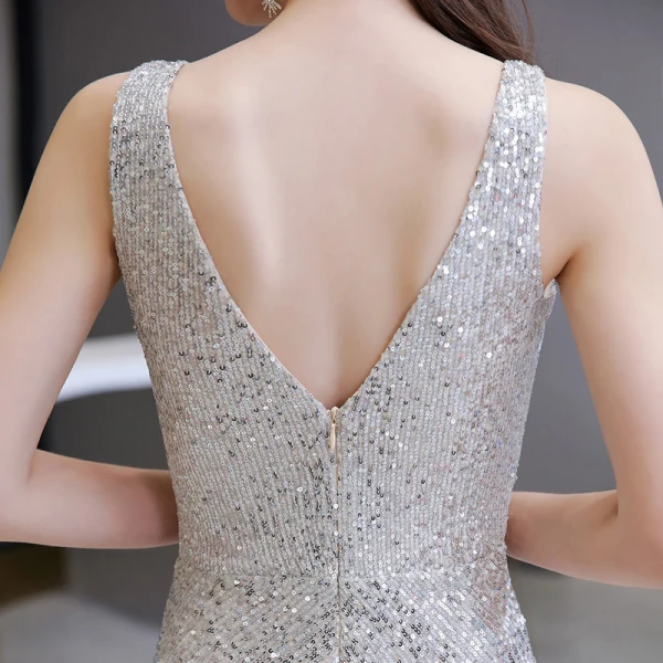 Sparkly Sølv Paljetter Jumpsuit  2020 V-Hals Uten Ermer Lange Ryggløse Formelle Kjoler