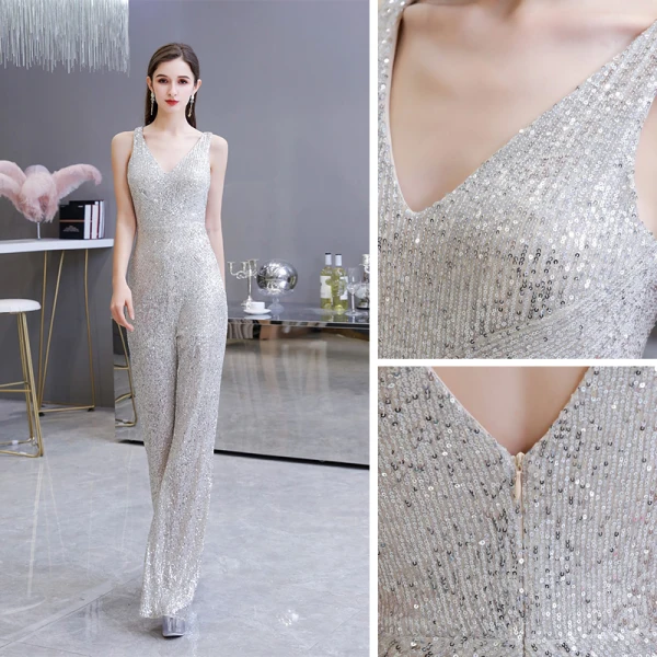 Sparkly Sølv Paljetter Jumpsuit  2020 V-Hals Uten Ermer Lange Ryggløse Formelle Kjoler