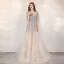 Luxury / Gorgeous Champagne See-through Evening Dresses  2020 A-Line / Princess Scoop Neck Sleeveless Sequins Beading Rhinestone Sweep Train Formal Dresses