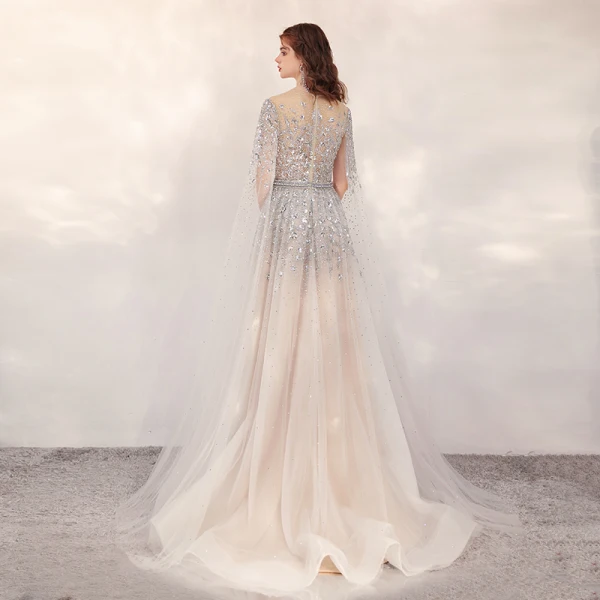 Luxury / Gorgeous Champagne See-through Evening Dresses 2020 A-Line / Princess Scoop Neck Sleeveless Sequins Beading Rhinestone Sweep Train Formal Dresses