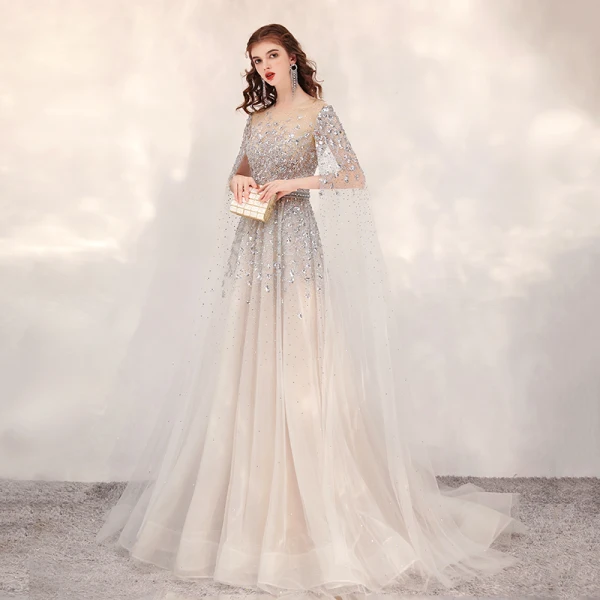 Luxury / Gorgeous Champagne See-through Evening Dresses 2020 A-Line / Princess Scoop Neck Sleeveless Sequins Beading Rhinestone Sweep Train Formal Dresses