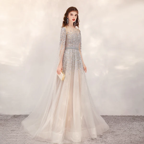 Luxury / Gorgeous Champagne See-through Evening Dresses 2020 A-Line / Princess Scoop Neck Sleeveless Sequins Beading Rhinestone Sweep Train Formal Dresses