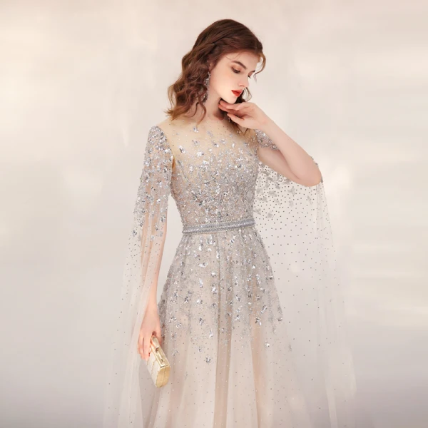 Luxury / Gorgeous Champagne See-through Evening Dresses 2020 A-Line / Princess Scoop Neck Sleeveless Sequins Beading Rhinestone Sweep Train Formal Dresses