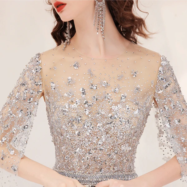 Luxury / Gorgeous Champagne See-through Evening Dresses 2020 A-Line / Princess Scoop Neck Sleeveless Sequins Beading Rhinestone Sweep Train Formal Dresses