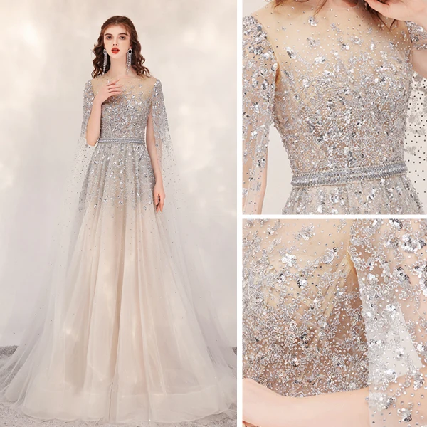 Luxury / Gorgeous Champagne See-through Evening Dresses 2020 A-Line / Princess Scoop Neck Sleeveless Sequins Beading Rhinestone Sweep Train Formal Dresses