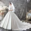 Modest / Simple Ivory Satin Bridal Wedding Dresses 2020 Ball Gown Off-The-Shoulder Short Sleeve Backless Chapel Train