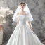Modest / Simple Ivory Satin Bridal Wedding Dresses 2020 Ball Gown Off-The-Shoulder Short Sleeve Backless Chapel Train