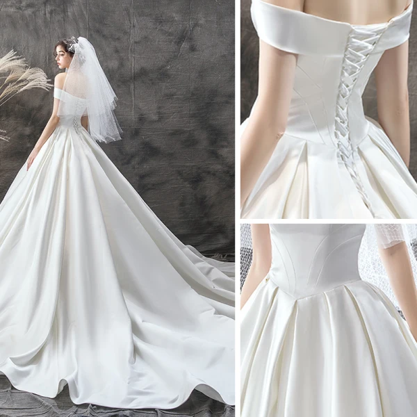 Modest / Simple Ivory Satin Bridal Wedding Dresses 2020 Ball Gown Off-The-Shoulder Short Sleeve Backless Chapel Train