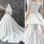 Modest / Simple Ivory Satin Bridal Wedding Dresses 2020 Ball Gown Off-The-Shoulder Short Sleeve Backless Chapel Train