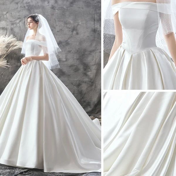 Modest / Simple Ivory Satin Bridal Wedding Dresses 2020 Ball Gown Off-The-Shoulder Short Sleeve Backless Chapel Train