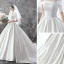 Modest / Simple Ivory Satin Bridal Wedding Dresses 2020 Ball Gown Off-The-Shoulder Short Sleeve Backless Chapel Train