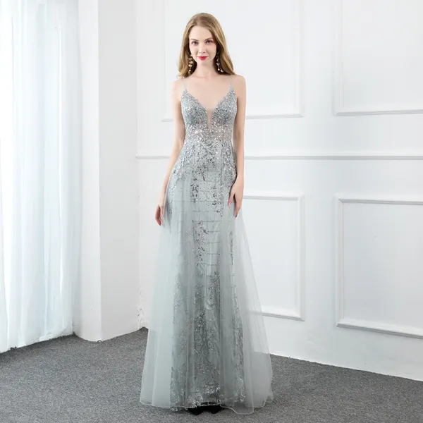 Illusion Grey See-through Evening Dresses 2020 A-Line / Princess ...