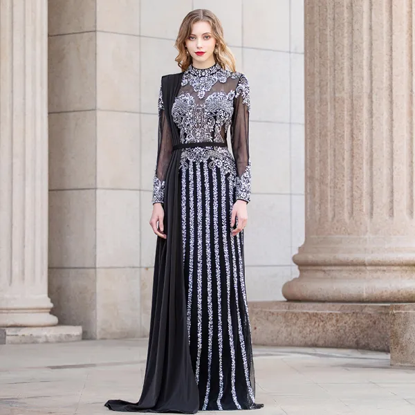 Luxury / Gorgeous Black See-through Evening Dresses  2020 Sheath / Fit High Neck Long Sleeve Rhinestone Beading Floor-Length / Long Ruffle Formal Dresses
