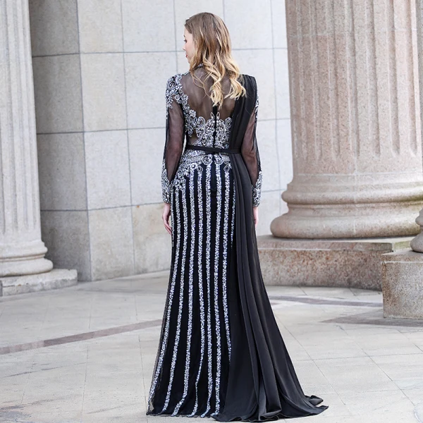Luxe Noire Transparentes Robe De Soirée 2020 Gaine / Ajustement Col Haut Manches Longues Faux Diamant Perlage Longue Volants Robe De Ceremonie