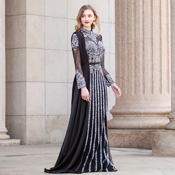 Luxe Noire Transparentes Robe De Soirée 2020 Gaine / Ajustement Col Haut Manches Longues Faux Diamant Perlage Longue Volants Robe De Ceremonie