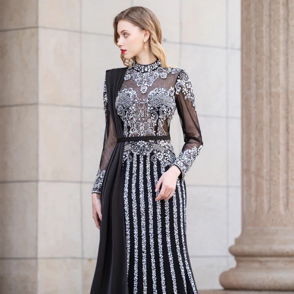 Luxe Noire Transparentes Robe De Soirée 2020 Gaine / Ajustement Col Haut Manches Longues Faux Diamant Perlage Longue Volants Robe De Ceremonie