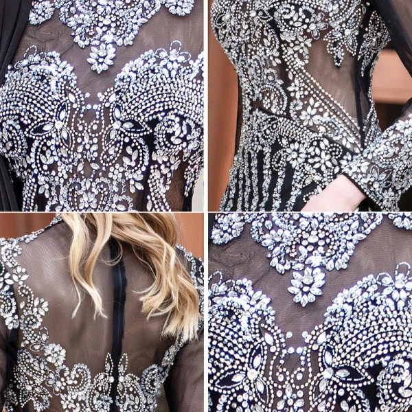 Luxe Noire Transparentes Robe De Soirée 2020 Gaine / Ajustement Col Haut Manches Longues Faux Diamant Perlage Longue Volants Robe De Ceremonie