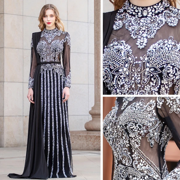 Luxe Noire Transparentes Robe De Soirée 2020 Gaine / Ajustement Col Haut Manches Longues Faux Diamant Perlage Longue Volants Robe De Ceremonie