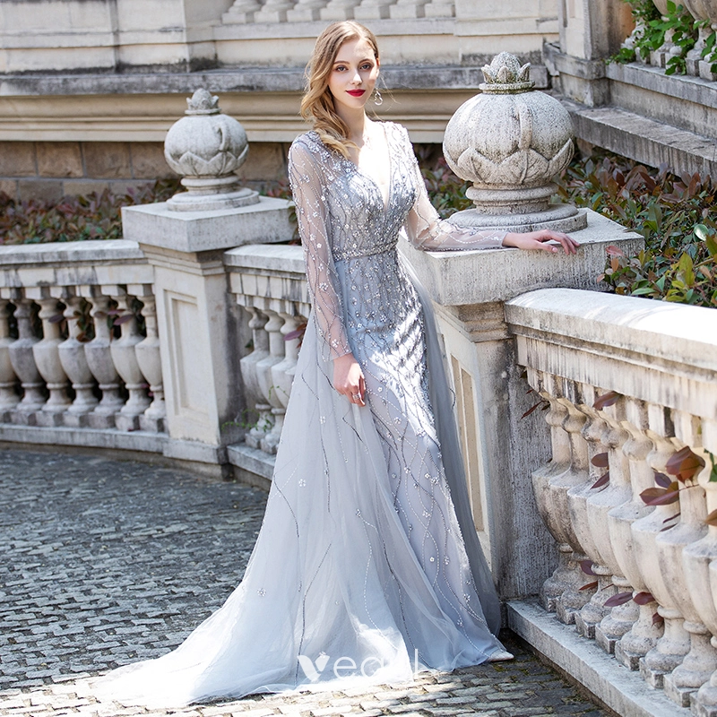 Luxury Gorgeous Grey See through Evening Dresses 2020 A Line Princess Deep V Neck Long Sleeve Rhinestone Beading Floor Length Long Ruffle Formal Dresses