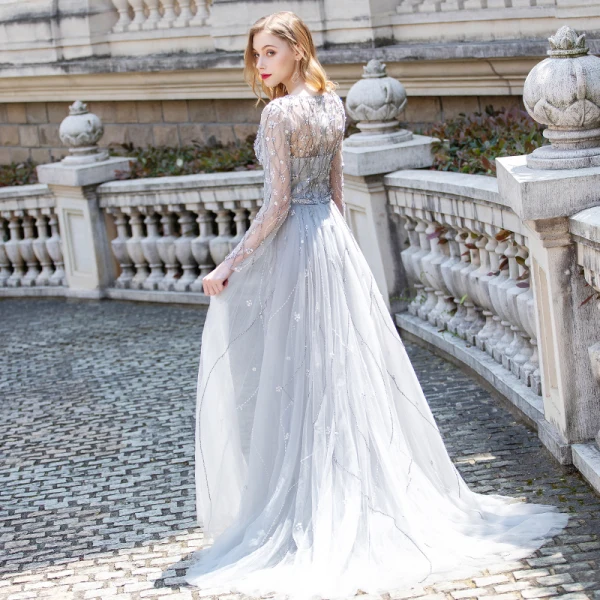 Luxe Gris Transparentes Robe De Soirée 2020 Princesse Col v profond Manches Longues Faux Diamant Perlage Longue Volants Robe De Ceremonie