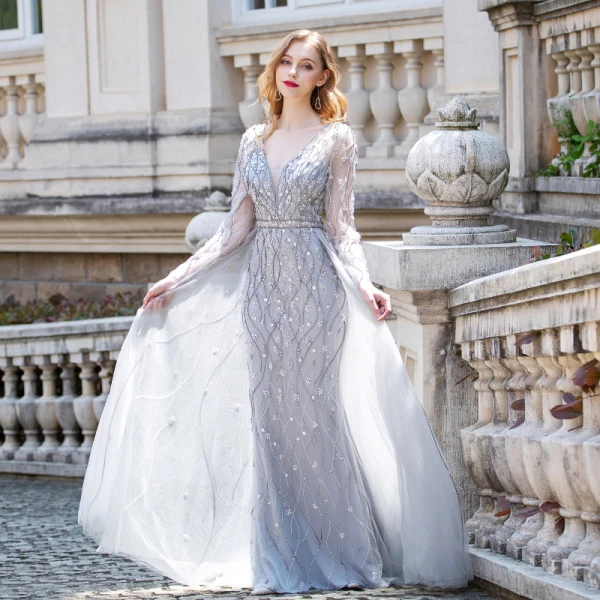Luxe Gris Transparentes Robe De Soirée 2020 Princesse Col v profond Manches Longues Faux Diamant Perlage Longue Volants Robe De Ceremonie