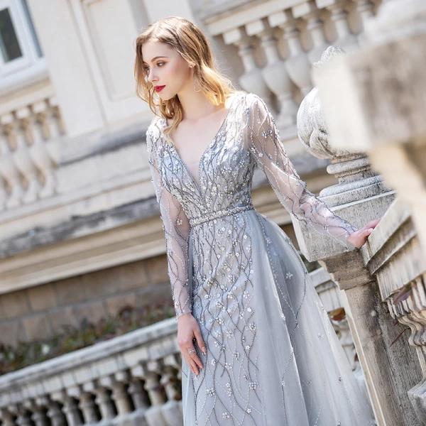 Luxe Gris Transparentes Robe De Soirée 2020 Princesse Col v profond Manches Longues Faux Diamant Perlage Longue Volants Robe De Ceremonie
