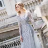 Luxury / Gorgeous Grey See-through Evening Dresses  2020 A-Line / Princess Deep V-Neck Long Sleeve Rhinestone Beading Floor-Length / Long Ruffle Formal Dresses