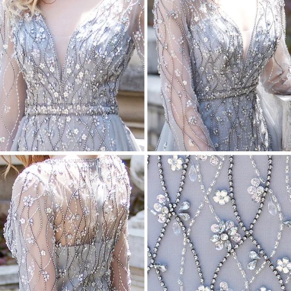 Luxe Gris Transparentes Robe De Soirée 2020 Princesse Col v profond Manches Longues Faux Diamant Perlage Longue Volants Robe De Ceremonie