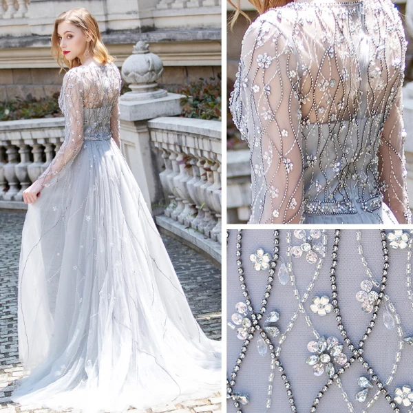 Luxe Gris Transparentes Robe De Soirée 2020 Princesse Col v profond Manches Longues Faux Diamant Perlage Longue Volants Robe De Ceremonie