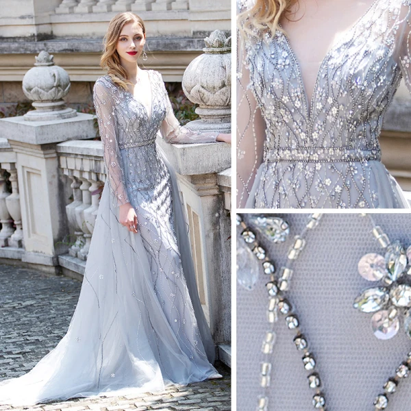 Luxe Gris Transparentes Robe De Soirée 2020 Princesse Col v profond Manches Longues Faux Diamant Perlage Longue Volants Robe De Ceremonie