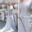 Luxe Gris Transparentes Robe De Soirée 2020 Princesse Col v profond Manches Longues Faux Diamant Perlage Longue Volants Robe De Ceremonie
