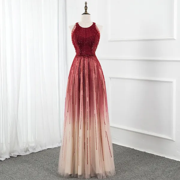 Luxury / Gorgeous Burgundy Gradient-Color Champagne Red Carpet Evening Dresses  2020 A-Line / Princess Scoop Neck Sleeveless Beading Sequins Floor-Length / Long Ruffle Formal Dresses