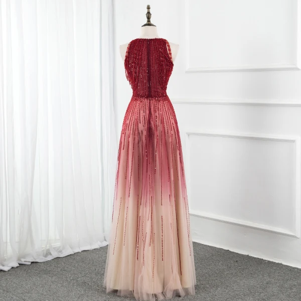 Luxury / Gorgeous Burgundy Gradient-Color Champagne Red Carpet Evening Dresses 2020 A-Line / Princess Scoop Neck Sleeveless Beading Sequins Floor-Length / Long Ruffle Formal Dresses