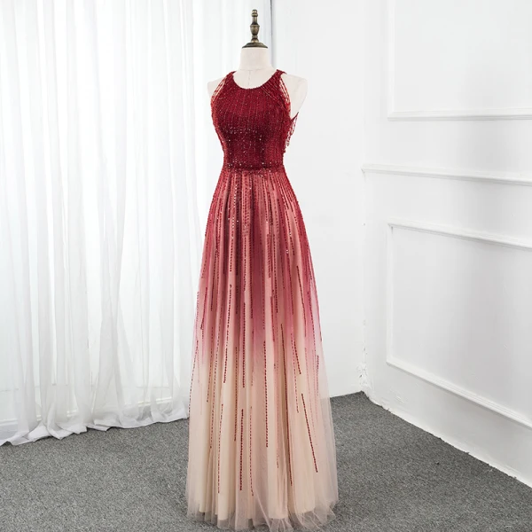 Luxury / Gorgeous Burgundy Gradient-Color Champagne Red Carpet Evening Dresses 2020 A-Line / Princess Scoop Neck Sleeveless Beading Sequins Floor-Length / Long Ruffle Formal Dresses