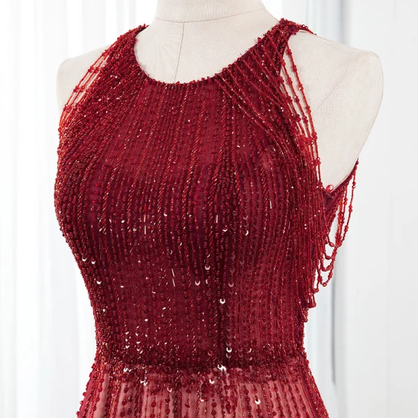Luxury / Gorgeous Burgundy Gradient-Color Champagne Red Carpet Evening Dresses 2020 A-Line / Princess Scoop Neck Sleeveless Beading Sequins Floor-Length / Long Ruffle Formal Dresses