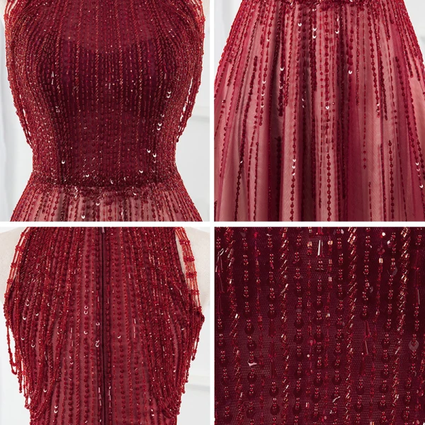 Luxury / Gorgeous Burgundy Gradient-Color Champagne Red Carpet Evening Dresses 2020 A-Line / Princess Scoop Neck Sleeveless Beading Sequins Floor-Length / Long Ruffle Formal Dresses