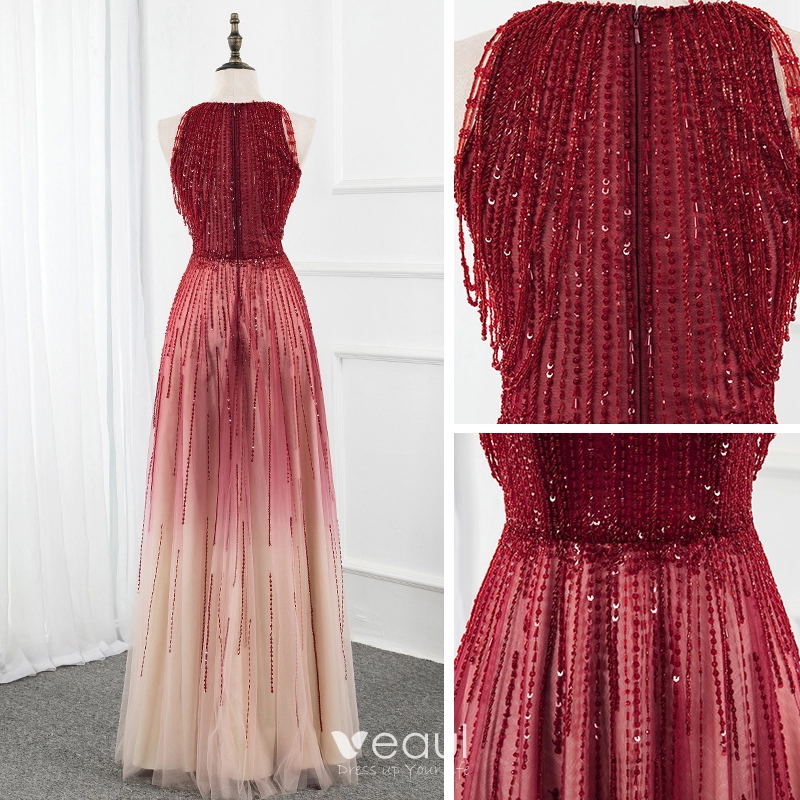 Luxury Gorgeous Burgundy Gradient Color Champagne Red Carpet Evening Dresses 2020 A Line Princess Scoop Neck