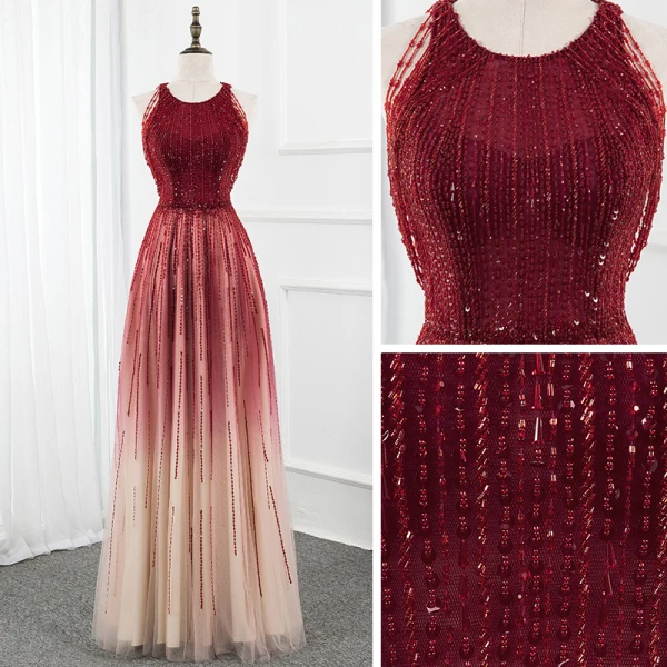 Luxury / Gorgeous Burgundy Gradient-Color Champagne Red Carpet Evening Dresses 2020 A-Line / Princess Scoop Neck Sleeveless Beading Sequins Floor-Length / Long Ruffle Formal Dresses
