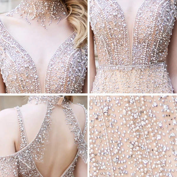 Haut de Gamme Champagne Transparentes Tapis rouge Robe De Soirée 2020 Trompette / Sirène Col v profond Sans Manches Perlage Faux Diamant Train De Balayage Volants Dos Nu Robe De Ceremonie